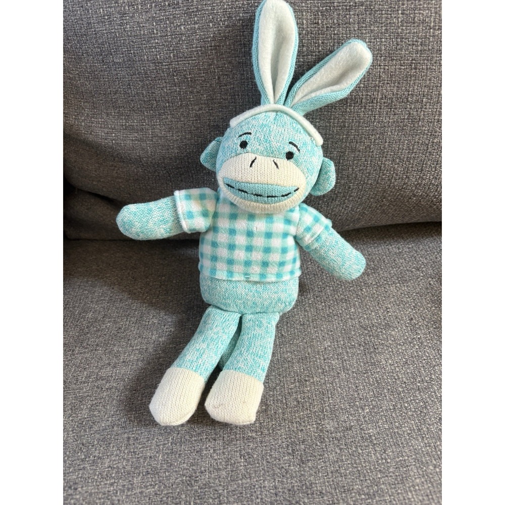 Dan Dee Sock‎ Monkey Plush Toy Blue 10" Plaid Blue White Checkered Sweater